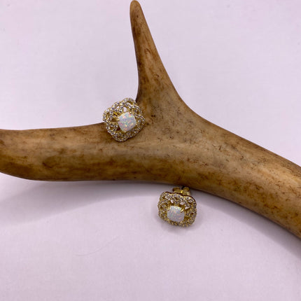 Vintage Gold Earrings | Mini White Fire Opal Gemstone | Golden 925 Sterling Silver Stud Button Earrings for Everyday Wedding or Prom Jewelry