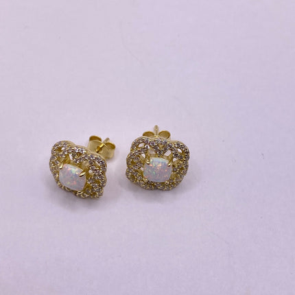 Vintage Gold Earrings | Mini White Fire Opal Gemstone | Golden 925 Sterling Silver Stud Button Earrings for Everyday Wedding or Prom Jewelry