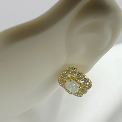 Vintage Gold Earrings | Mini White Fire Opal Gemstone | Golden 925 Sterling Silver Stud Button Earrings for Everyday Wedding or Prom Jewelry