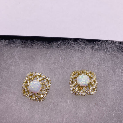 Vintage Gold Earrings | Mini White Fire Opal Gemstone | Golden 925 Sterling Silver Stud Button Earrings for Everyday Wedding or Prom Jewelry