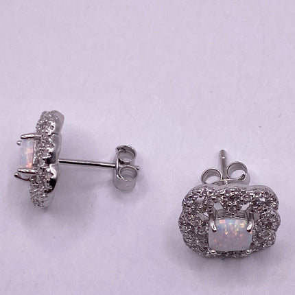 Vintage Silver Earrings | Mini White Fire Opal Gemstone | 925 Sterling Silver Stud Button Earrings for Everyday Wedding or Prom Jewelry