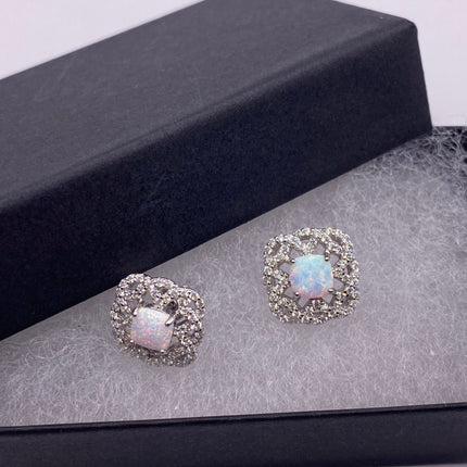 Vintage Silver Earrings | Mini White Fire Opal Gemstone | 925 Sterling Silver Stud Button Earrings for Everyday Wedding or Prom Jewelry