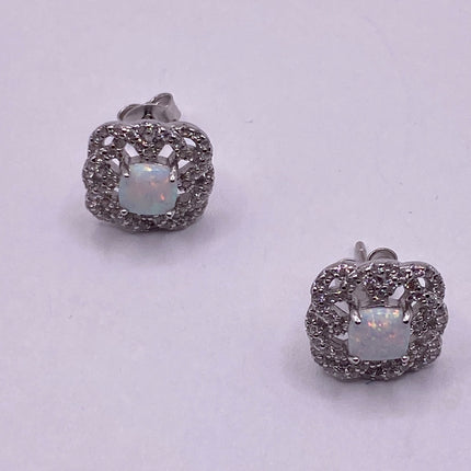 Vintage Silver Earrings | Mini White Fire Opal Gemstone | 925 Sterling Silver Stud Button Earrings for Everyday Wedding or Prom Jewelry