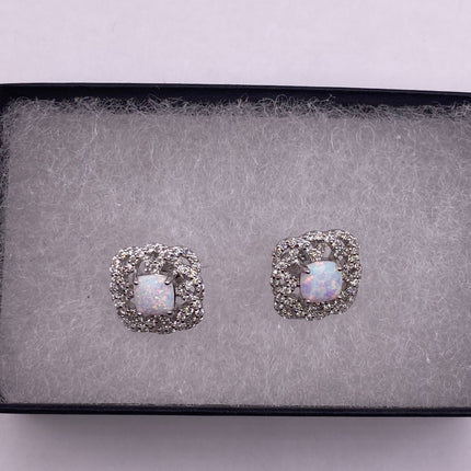 Vintage Silver Earrings | Mini White Fire Opal Gemstone | 925 Sterling Silver Stud Button Earrings for Everyday Wedding or Prom Jewelry