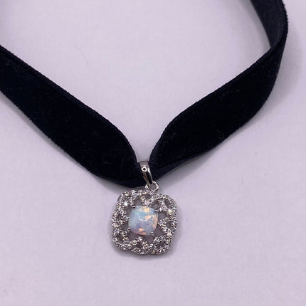 Vintage Silver Pendant Necklace | Tiny White Fire Opal Gemstone Cubic Zirconia Diamond | Sterling Silver Velvet Ribbon Choker Necklace