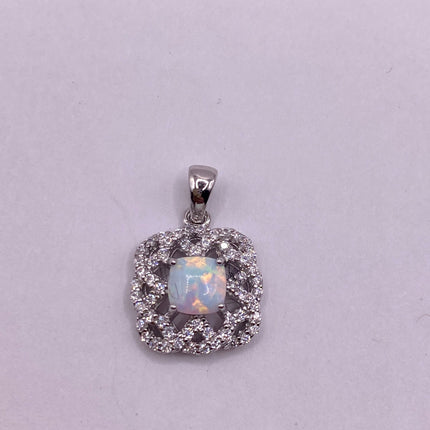 Vintage Silver Pendant Necklace | Tiny White Fire Opal Gemstone Cubic Zirconia Diamond | Sterling Silver Velvet Ribbon Choker Necklace