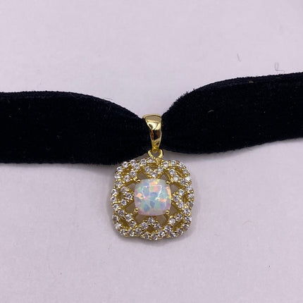 Vintage Gemstone Pendant Choker Necklace | White Fire Opal Diamond CZ Golden Sterling Silver Velvet Ribbon Choker - Free Shipping in US
