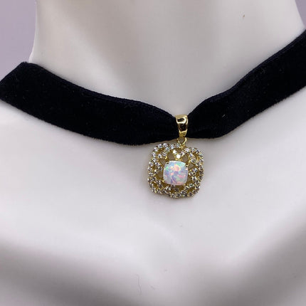 Vintage Gemstone Pendant Choker Necklace | White Fire Opal Diamond CZ Golden Sterling Silver Velvet Ribbon Choker - Free Shipping in US