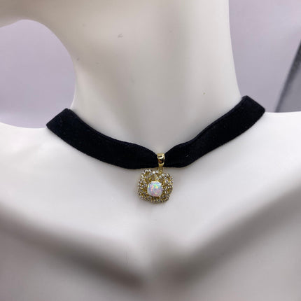 Vintage Gemstone Pendant Choker Necklace | White Fire Opal Diamond CZ Golden Sterling Silver Velvet Ribbon Choker - Free Shipping in US