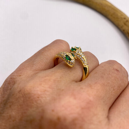 Vintage Gold Snake Ring | Green and Cubic Zirconia Crystal Diamond Gemstones 9k Gold Filled Band | Unique Gift Serpent Statement Ring