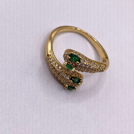 Vintage Gold Snake Ring | Green and Cubic Zirconia Crystal Diamond Gemstones 9k Gold Filled Band | Unique Gift Serpent Statement Ring