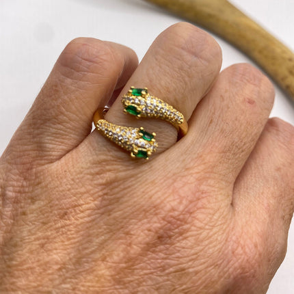 Vintage Gold Snake Ring | Green and Cubic Zirconia Crystal Diamond Gemstones 9k Gold Filled Band | Unique Gift Serpent Statement Ring