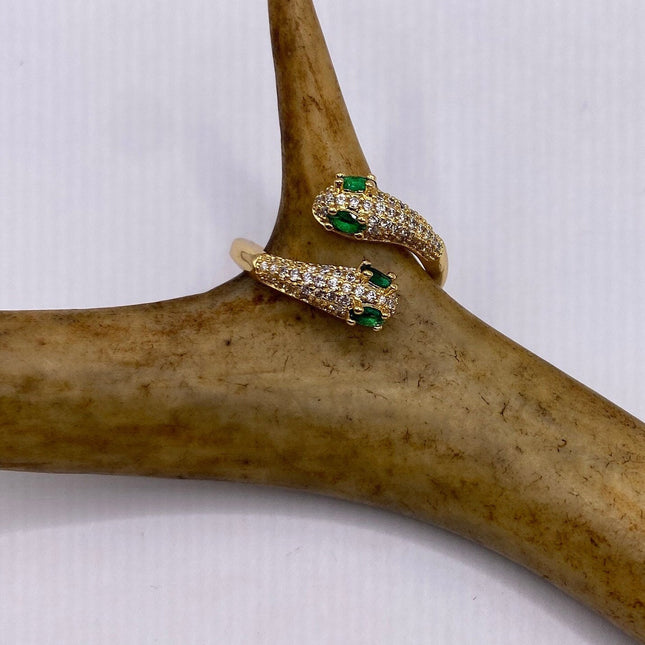 Vintage Gold Snake Ring | Green and Cubic Zirconia Crystal Diamond Gemstones 9k Gold Filled Band | Unique Gift Serpent Statement Ring