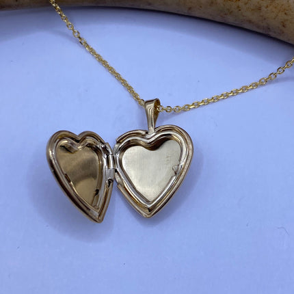 Vintage Gold Locket | Tiny 9k Gold Filled Heart Pendant Photo Memory Charm Engraved Design | Golden 925 Sterling Silver Chain Necklace