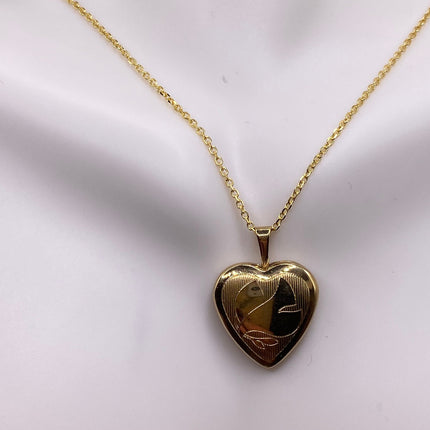 Vintage Gold Locket | Tiny 9k Gold Filled Heart Pendant Photo Memory Charm Engraved Design | Golden 925 Sterling Silver Chain Necklace