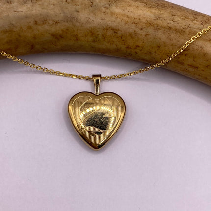 Vintage Gold Locket | Tiny 9k Gold Filled Heart Pendant Photo Memory Charm Engraved Design | Golden 925 Sterling Silver Chain Necklace