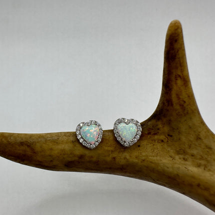 Vintage Silver Earrings | Diamond look White Fire Opal Heart Stud Button Earrings
