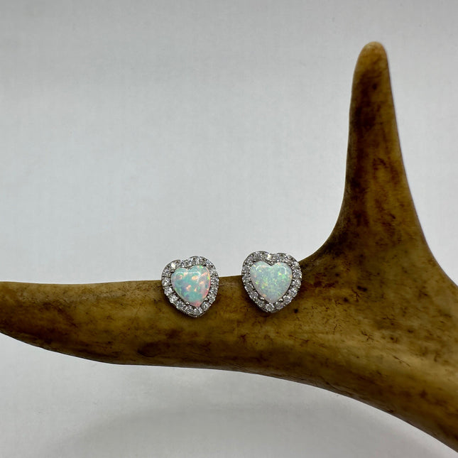 Vintage Silver Earrings | Diamond look White Fire Opal Heart Stud Button Earrings
