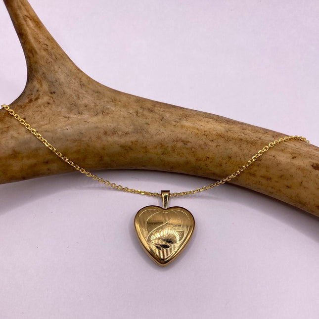 Vintage Gold Locket | Tiny 9k Gold Filled Heart Pendant Photo Memory Charm Engraved Design | Golden 925 Sterling Silver Chain Necklace