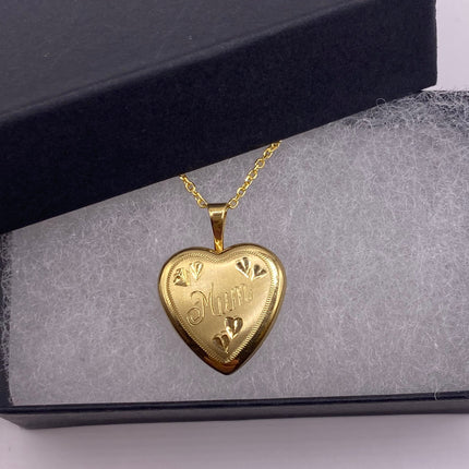 Vintage Gold Locket | Tiny 9k Gold Filled Heart Pendant Photo Memory Charm Engraved Mum | Golden 925 Sterling Silver Chain Necklace