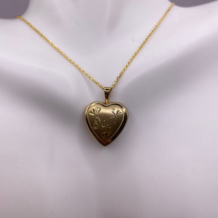 Vintage Gold Locket | Tiny 9k Gold Filled Heart Pendant Photo Memory Charm Engraved Mum | Golden 925 Sterling Silver Chain Necklace