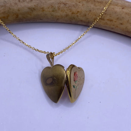 Vintage Gold Locket | Tiny 9k Gold Filled Heart Pendant Photo Memory Charm Engraved Mum | Golden 925 Sterling Silver Chain Necklace