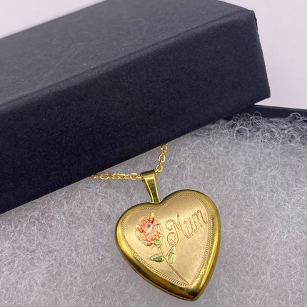 Vintage Gold Locket | Tiny 9k Gold Filled Heart Pendant Photo Memory Charm Engraved Mum | Golden 925 Sterling Silver Chain Necklace