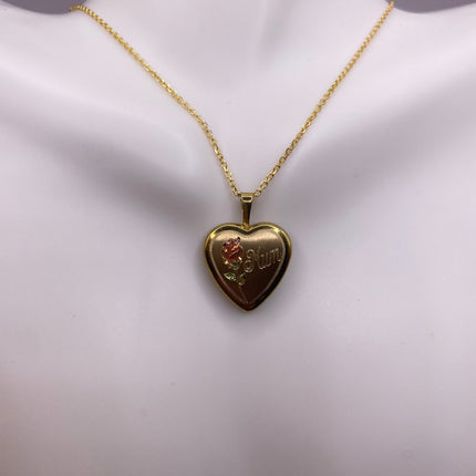 Vintage Gold Locket | Tiny 9k Gold Filled Heart Pendant Photo Memory Charm Engraved Mum | Golden 925 Sterling Silver Chain Necklace