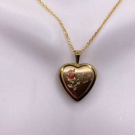 Vintage Gold Locket | Tiny 9k Gold Filled Heart Pendant Photo Memory Charm Engraved Mum | Golden 925 Sterling Silver Chain Necklace