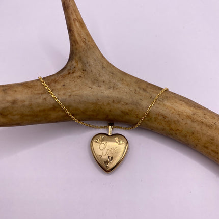 Vintage Tiny Gold Heart Photo Locket 9K Gold Filled Memory Charm Engraved with "Love" on Delicate Chain - Vintage Style Photo Necklace