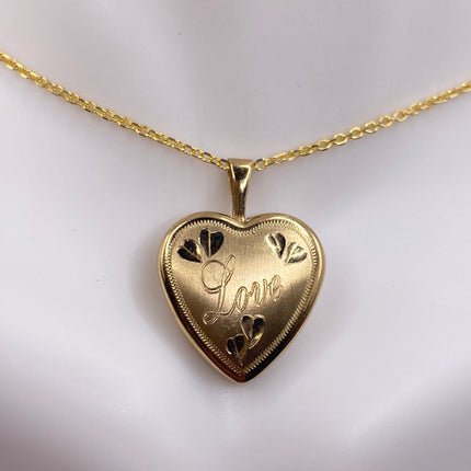 Vintage Tiny Gold Heart Photo Locket 9K Gold Filled Memory Charm Engraved with "Love" on Delicate Chain - Vintage Style Photo Necklace