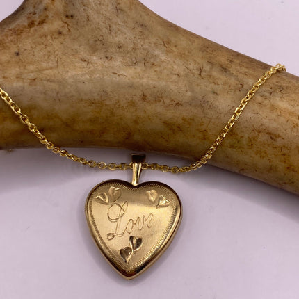 Vintage Tiny Gold Heart Photo Locket 9K Gold Filled Memory Charm Engraved with "Love" on Delicate Chain - Vintage Style Photo Necklace
