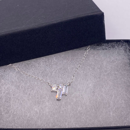 Vintage Silver Necklace | Tiny Clear Crystal Diamond Cluster Charm | 925 Sterling Silver Tiny Delicate Chain Minimalist Everyday Prom