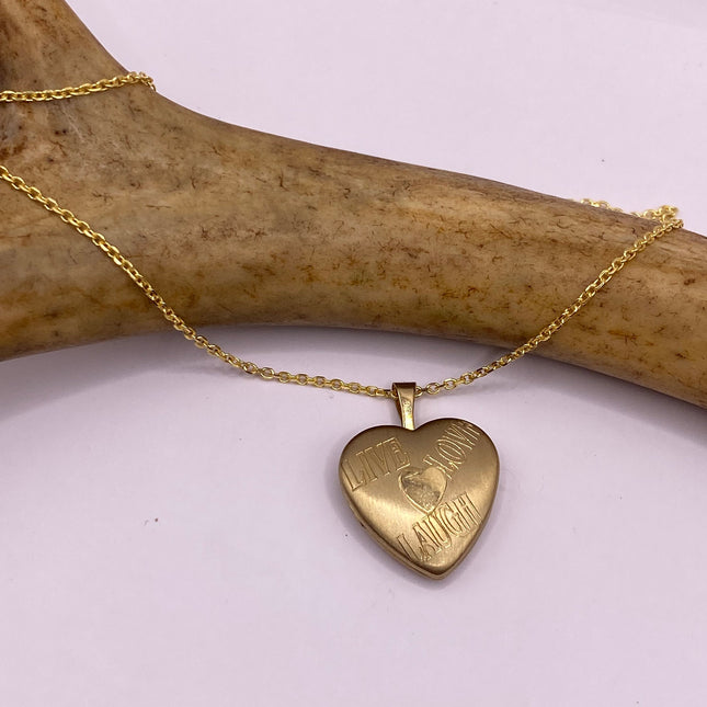 Vintage Gold Locket | Tiny 9k GF Heart Pendant Photo Memory Charm Engraved Live Laugh Love | Gold 925 Sterling Silver Chain Necklace