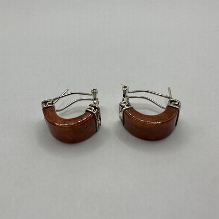 Vintage Silver Earrings | Red Jade Gemstone Hoop Loop Dangle | 925 Sterling Silver Earrings