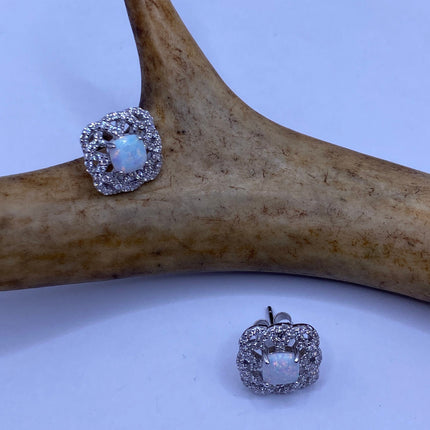 Vintage Silver Earrings | Mini White Fire Opal Gemstone | 925 Sterling Silver Stud Button Earrings for Everyday Wedding or Prom Jewelry