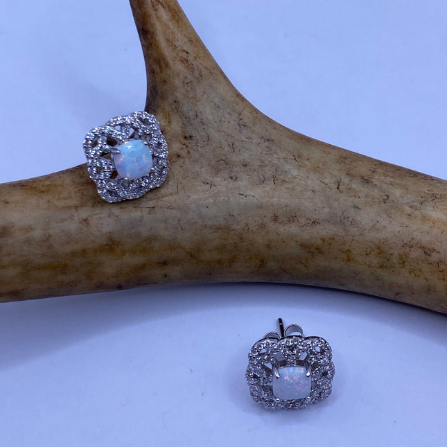 Vintage Silver Earrings | Mini White Fire Opal Gemstone | 925 Sterling Silver Stud Button Earrings for Everyday Wedding or Prom Jewelry