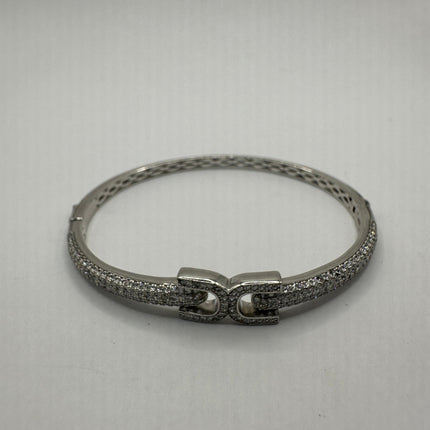 Vintage Silver Bangle | Cubic Zirconia Clear Crystal Diamond Gemstone Sparkling Cuff Bracelet | 925 Sterling Silver Elegant Wedding Everyday