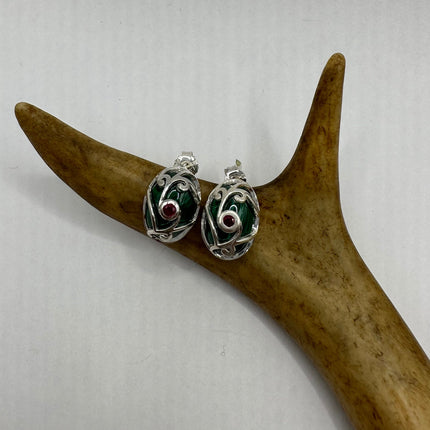 Vintage Silver Earrings | Green Malachite Red Ruby Gemstone Deco Stud Button Earrings | 925 Sterling Silver