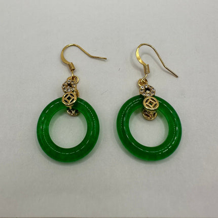 Vintage Gold Green Jade Dangle Hoops Lucky Earrings