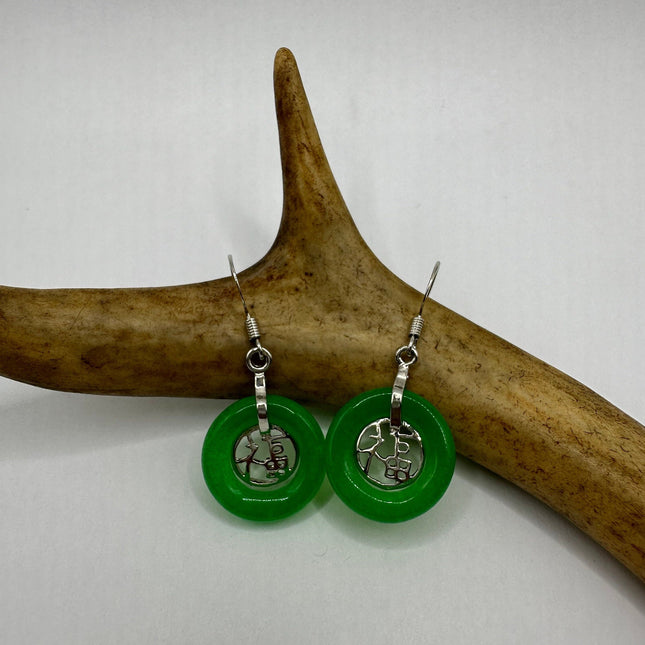 Vintage Silver Green Jade Dangle Lucky Earrings