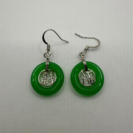 Vintage Silver Green Jade Dangle Lucky Earrings