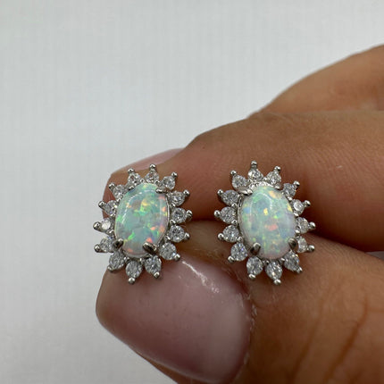 Vintage Silver Earrings | Tiny White Fire Opal Clear Crystal Diamond Stud Button Earrings | 925 Sterling Silver