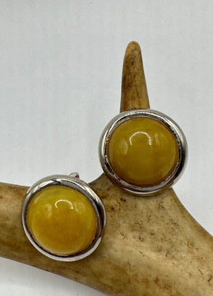 Vintage Gemstone Earrings | Yellow Jade Crystal Birthstone | 925 Sterling Round Silver Button Earrings