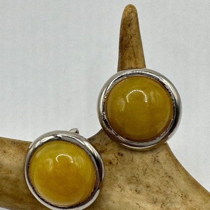 Vintage Gemstone Earrings | Yellow Jade Crystal Birthstone | 925 Sterling Round Silver Button Earrings