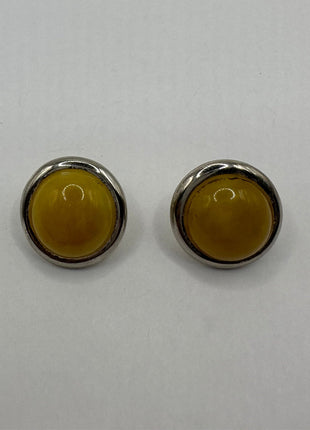 Vintage Gemstone Earrings | Yellow Jade Crystal Birthstone | 925 Sterling Round Silver Button Earrings
