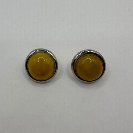 Vintage Gemstone Earrings | Yellow Jade Crystal Birthstone | 925 Sterling Round Silver Button Earrings