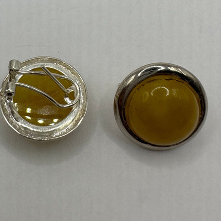 Vintage Gemstone Earrings | Yellow Jade Crystal Birthstone | 925 Sterling Round Silver Button Earrings