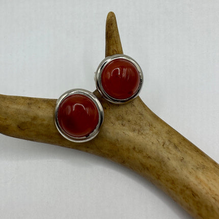 Vintage Gemstone Earrings | Red Jade Crystal Birthstone | 925 Sterling Round Silver Button Earrings