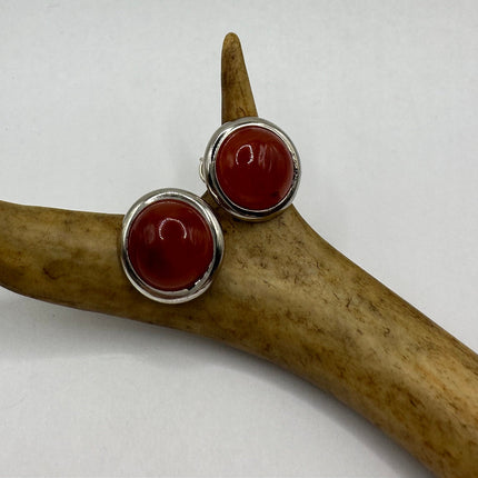 Vintage Gemstone Earrings | Red Jade Crystal Birthstone | 925 Sterling Round Silver Button Earrings